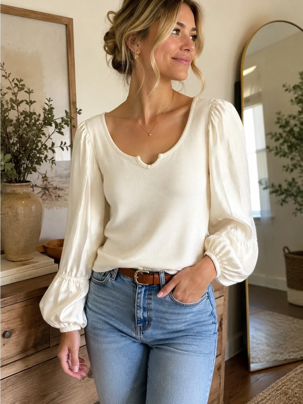 White Mixed Media Knit Top Satin Puff Sleeves Coquette minimalist Parisian chic